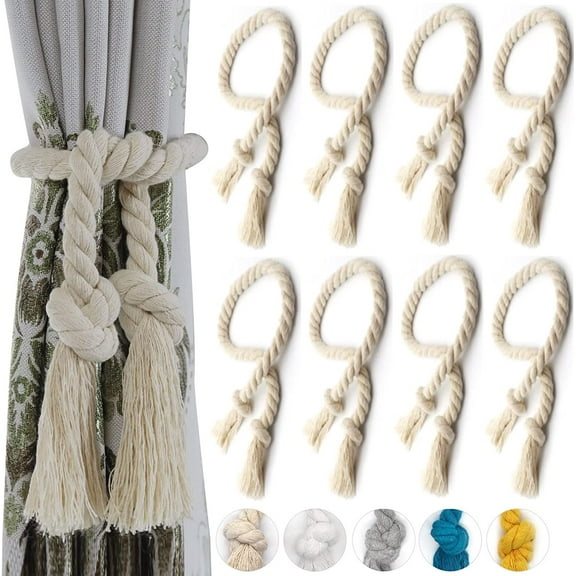 8 Pack Curtain Ties, Outdoor Curtain Tiebacks, Natural Cotton Curtain Holders, Village Rural Rustic Curtain Holdbacks, Nautical Curtain TieBacks Rope for Patio Drapery Pergola Drapes, Beige