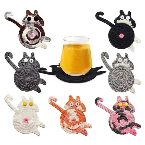 8 Pack Cute Cat Drink Coasters, Wooden Cat‑Shaped Coasters with Imitated Crochet Knit Pattern, Decorative Table Coasters for Cups Mugs, Tabletop Protection for Home Kitchen Decor