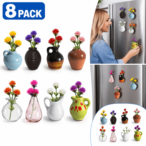 8 Pcs Mini Ceramic Vase Fridge Magnets with Faux Flowers, Cute Magnets for Refrigerator, Kitchen, Locker, Office and Home Decor, Funny Plant-Themed Gift Set