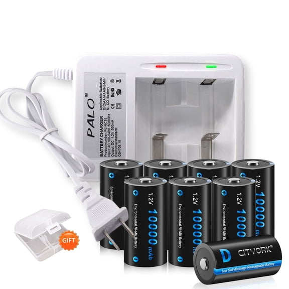8 Pack D Size 10000mAh Rechargeable Batteries with Charger, High Capacity Low Self Discharge 1.2V Ni-MH Battery with 2 Slots LED Light Smart Battery Charger For 1.2V AA AAA C D Size Ni-MH Batteries