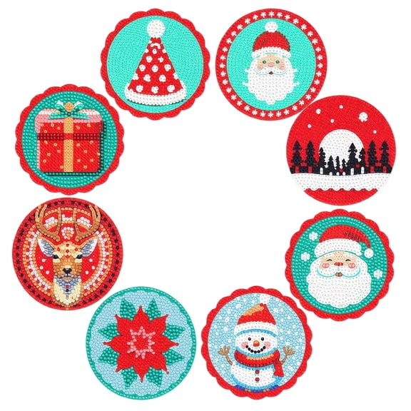 8 Pack DIY Diamond Painting Coasters, Christmas Theme Round Coasters, Red Scalloped Edge, 8 Festive Designs