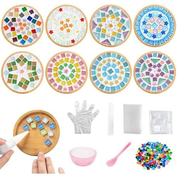 8 Pack DIY Mosaic Tiles for Crafts, Mixed Color Mosaic Kits with Bamboo Coaster, DIY Coasters Kit for Coaster Handmade Home Gifts$$Art & Craft