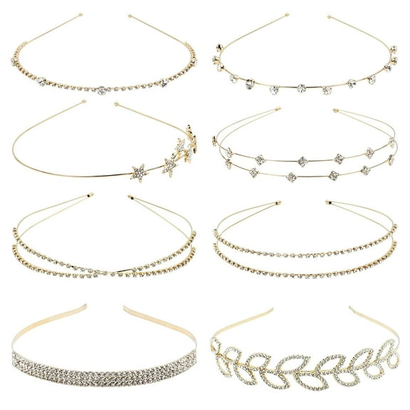 8 Pack Decorative Gold Metal Headbands Glitter Sparkly Bling Crystal Rhinestone Star Leaf Hair Hoops Clasps Bands Accessories for Women Girls Teens