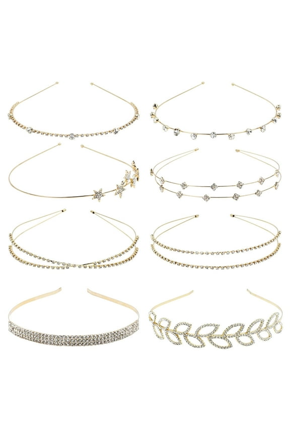 8 Pack Decorative Gold Metal Headbands Glitter Sparkly Bling Crystal Rhinestone Star Leaf Hair Hoops Clasps Bands Accessories for Women Girls Teens