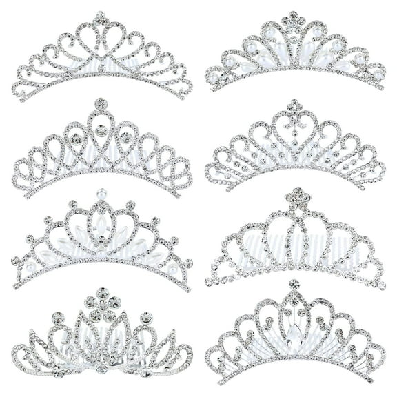 8 Pack Decorative Silver Metal Princess Birthday Party Prom Wedding Pearl Rhinestone Crown Hair Side Combs Slides Tiaras Hair Pins Accessories for Kids Teens Girls Women Brides