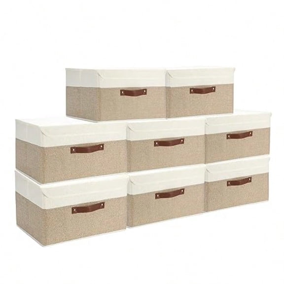 8 Pack Decorative Storage Bins Containers Fabric Bins with Lids Storage Baskets Bulk for Shees Drawers Desktop Closet Playroom Classroom Office Bedroom 15INx10INx10IN Beige/White
