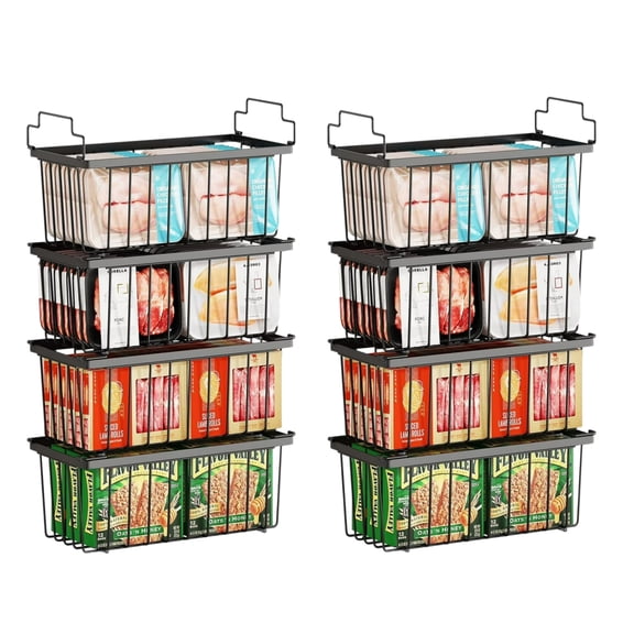 8 Pack Deep Refrigerator Freezer Bins, Large Household Pantry Organizers and Storage Baskets with Handles for 5/ 7 Cu.FT Deep Freezer,Food Container,Kitchen,Pantry Cabinet,Closets,Black