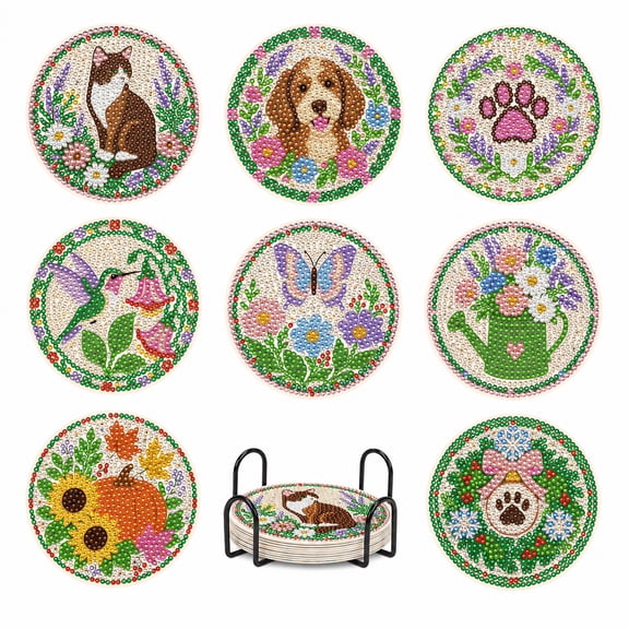 MeritMerce DIY Diamond Painting Coasters Multicolor Printed Designs Acrylic, Cork Round Coasters 8 Count,Home Decor Party Gift