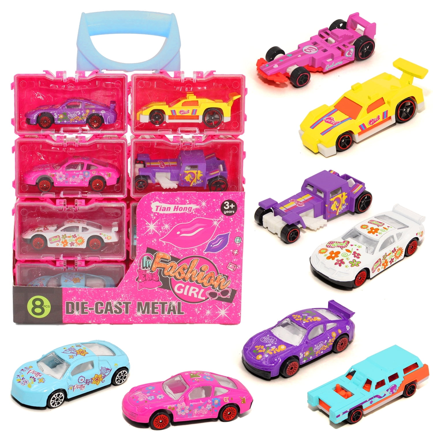 8 Pack Die-Cast Toy Cars for Girls - Pink Mini Race Cars for Girls