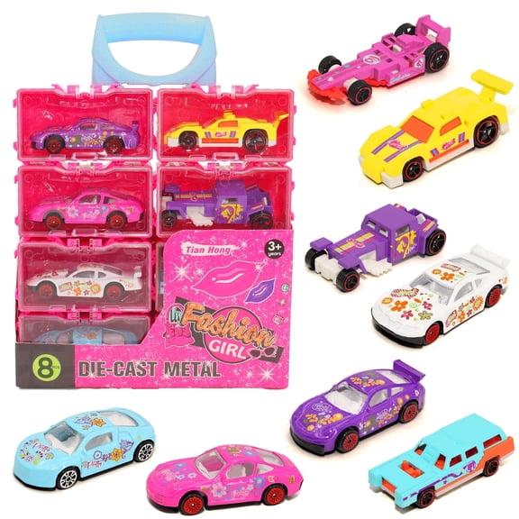 8 Pack Die-Cast Toy Cars for Girls - Pink Mini Race Cars for Girls 2 3 4 5 Years Old, Christmas Birthday Gifts for Girls Aged 3 4 5 6 7