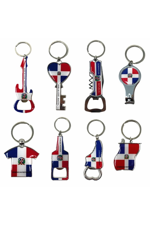 8 Pack Dominican Republic Country Metal Keychain, 5 Bottle Opener, T-shirt, Flag, Beer Can, Heart-Key Design, Souvenir Keychains, Gift, Bulk