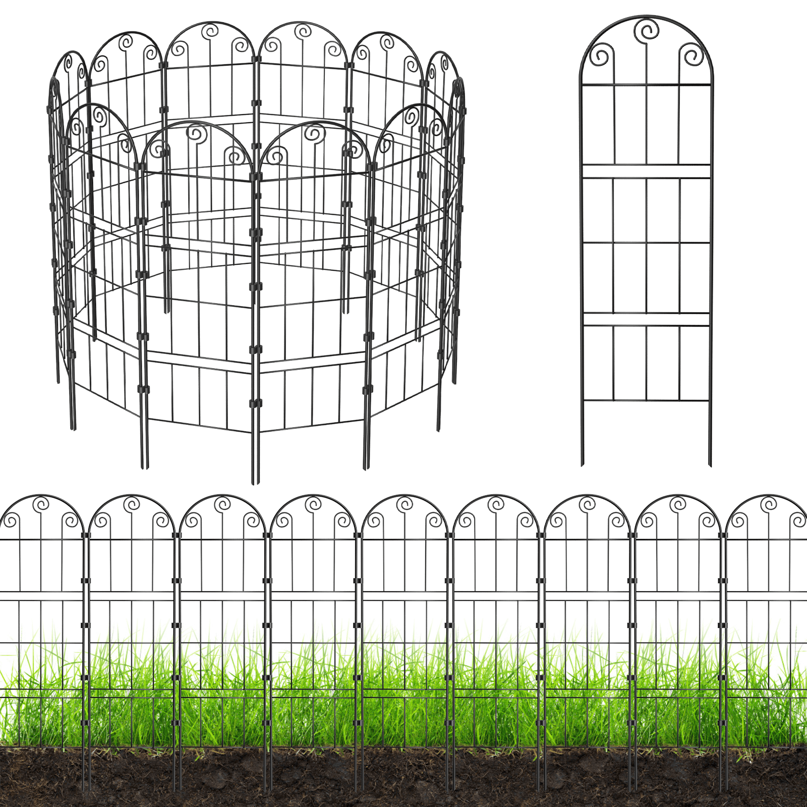 8-Pack Double-Layer Arched Window Garden Fence 6.56FT Total Length, 47.24in×9.84in Black Metal Decorative Animal Barrier for Yard Patio Flower Bed