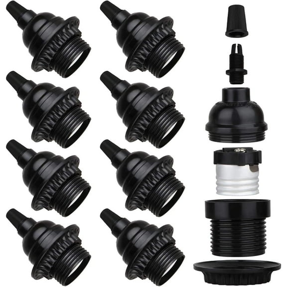 8 Pack E26 E27 Light Sockets, Black Medium Screw Base with Shade Ring, Retro Period Style Edison Lamp Holder, Replacement DIY Making Light Bulb Socket Cover Pendant Lamp Holder Keyless Lamp