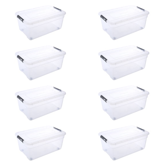 Ezy Storage Solutions Line 42.3 Qt Clear Plastic Storage Box with Latching Lids and Removable Wheels 8 Pack