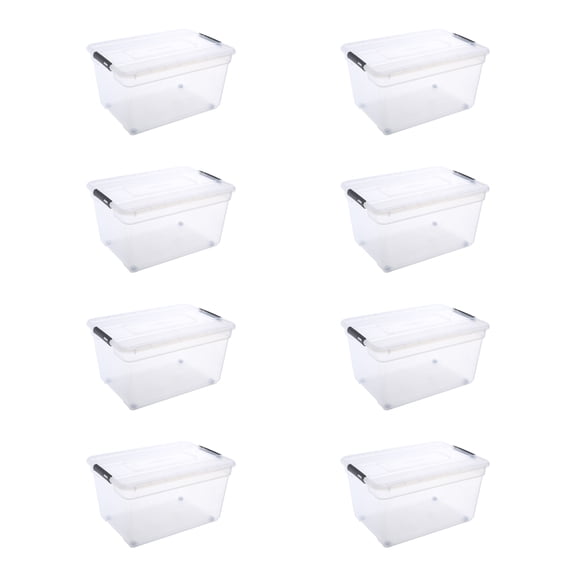 Ezy Storage 84.5 Qt Clear Plastic Tote, Latching Lid and Removable Wheels, 8 Pack