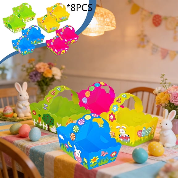 8 Pack Easter Paper Gift Baskets for Kids, DIY Bunny Chick Handmade Crafts Kit With Handles, Includes 8 Storage Baskets For Party Favors, Decorative Baskets For Egg Hunts And Home Decor