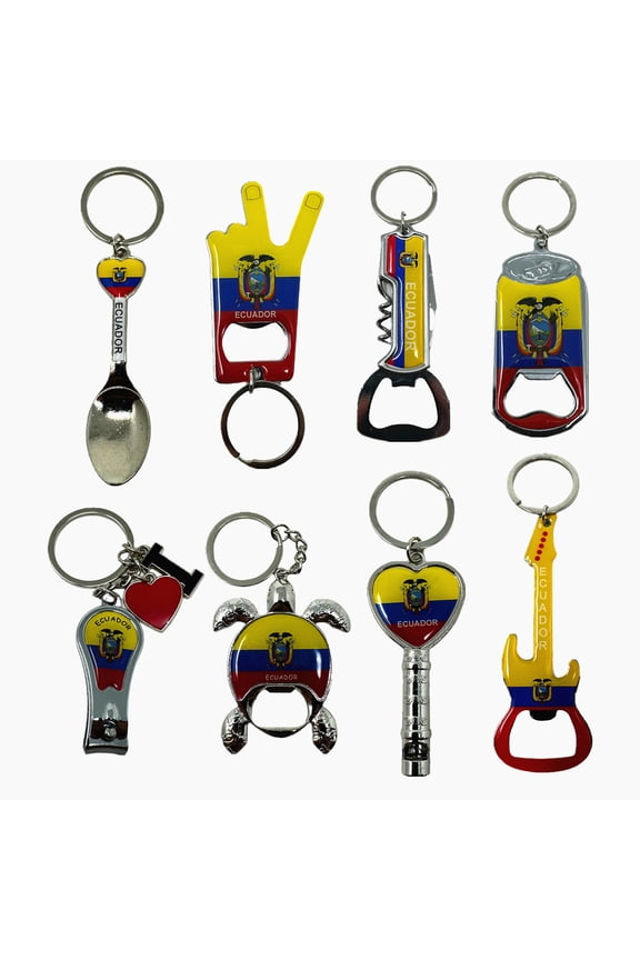 8 Pack Ecuador Keychains Country Metal Keychain, 6 Bottle Opener, Peace Sign, Heart Whistle, Beer Can, Guitar, Spoon, etc. Souvenir Keychains, Gift, Bulk