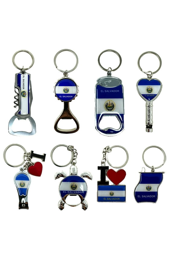 8 Pack El Salvador Keychains Country Metal Keychain, 4 Bottle Opener, Heart-shaped Whistle, Bottle Cap, Flag, Turtle, etc. Souvenir Keychains, Gift, Bulk