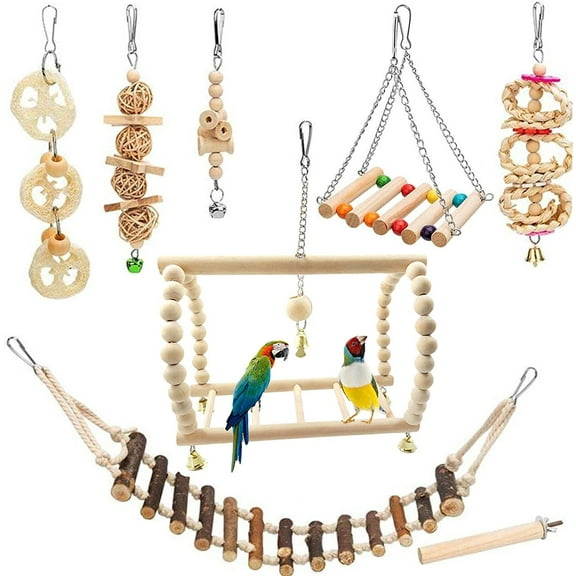 8 Pack Extra Large Bird Toys for Parakeet Toys for Bird Cage Accessories Parakeets Swing Chewing Toys, Dinosam Wooden Bird Toys for Cage Parrots Toys, Bird Training Toys, Parrot Hanging Swing