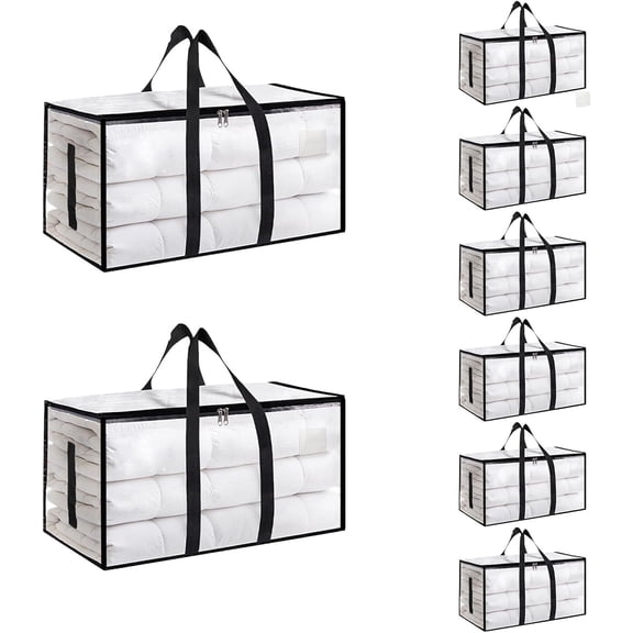 8 Pack-Extra Large Heavy Duty Moving Bags - Waterproof Storage Totes with Handles & Zippers, Foldable for College Dorm, Storage (Clear)