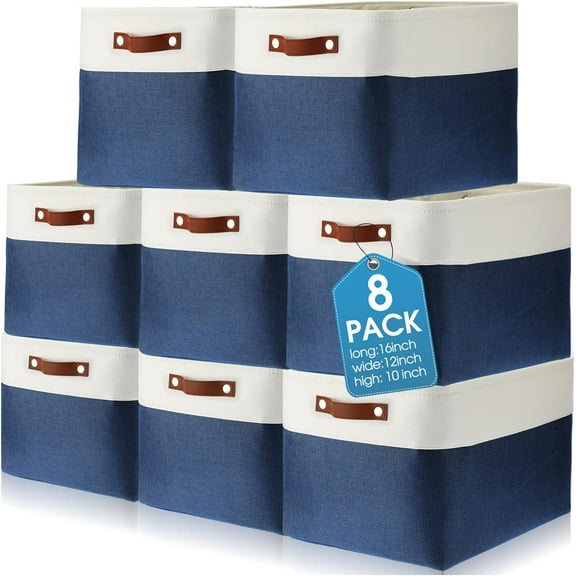 8 Pack Fabric Storage Bins Cube Foldable Large Baskets Boxes with Handles Collapsible Storage Organizer for Shelves Home Office(16 x 12 x 10 Inch,Blue)