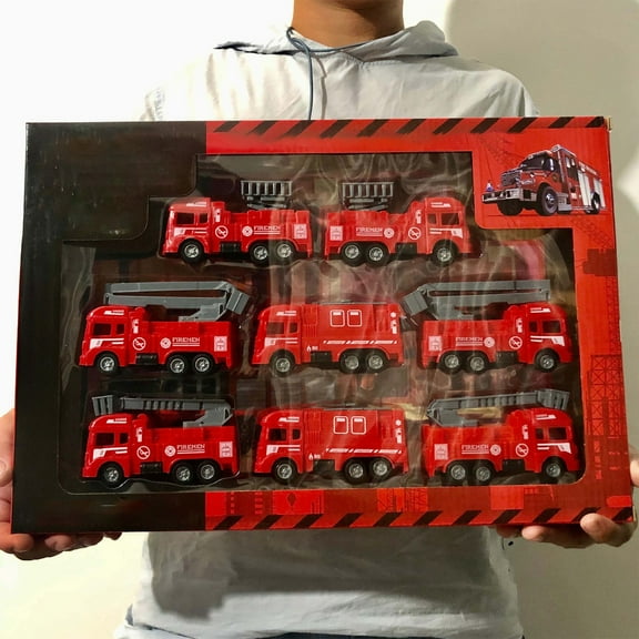 8 in 1 Fire Truck Vehicle Toy Set with Sounds and Lights, Fire Engine Vehicles in Carrier Truck, Mini Rescue Emergency Fire Truck Car Toy, Birthday Gifts for Over 3 Years Old Boys