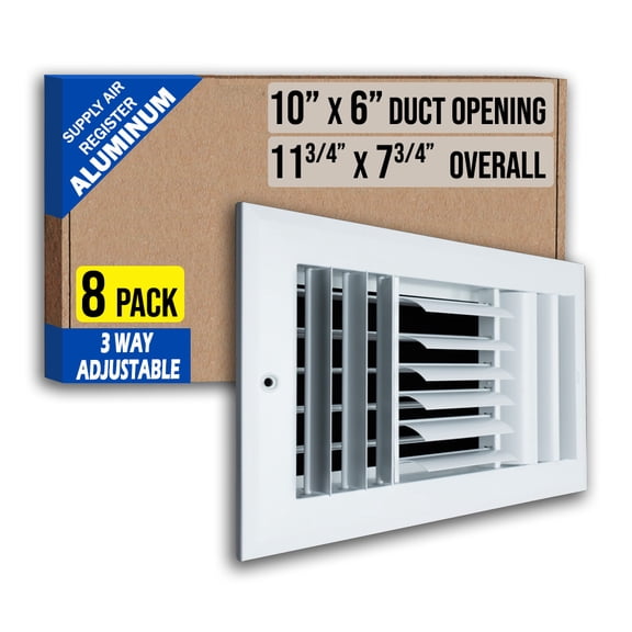 [8 Pack] Fits 10x6 Duct Opening Aluminum 3-WAY Adjustable Air Supply Grille by Handua | Curved Blade Register Vent Cover for Sidewall & Ceiling | White | Outer Size: 11.75" X 7.75"