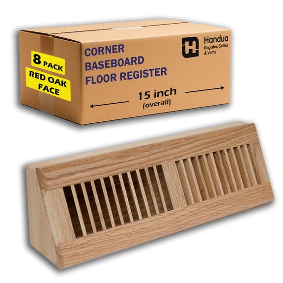 [8 Pack] Fits 15" Baseboard Space | Wooden Corner Baseboard Register | Return Air Grille | 15" External Length Decorative Air Supply Vent Cover | Pre-Finished Natural Red Oak [Face] Diffuser