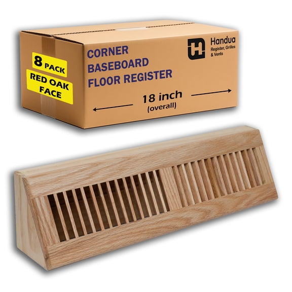[8 Pack] Fits 18" Baseboard Space | Wooden Corner Baseboard Register | Return Air Grille | 18" External Length Decorative Air Supply Vent Cover | Pre-Finished Natural Red Oak [Face] Diffuser