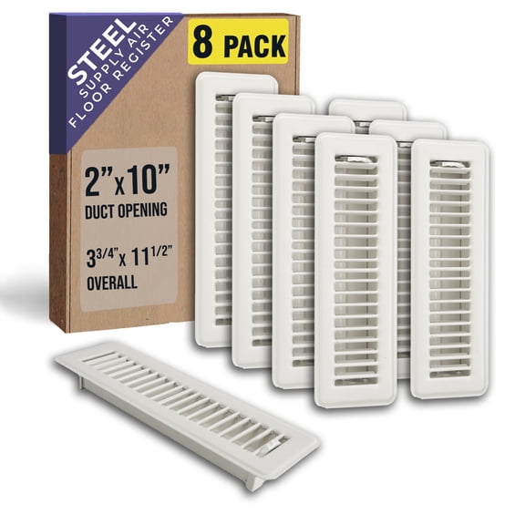 [8 Pack] Fits 2x10 and 10x2 Duct Opening | Floor Register with Louvered Design by Handua | Heavy Duty Walkable Design with Damper | Floor Vent Grille | Easy to Adjust Air Supply Lever | Off White
