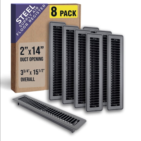 [8 Pack] Fits 2x14 and 14x2 Duct Opening | Floor Register with Louvered Design by Handua | Heavy Duty Walkable Design with Damper | Floor Vent Grille | Easy to Adjust Air Supply Lever | Black