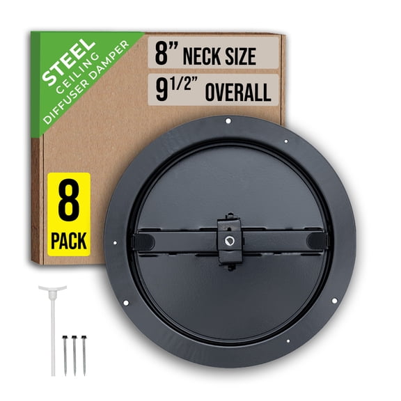 [8 Pack] Fits 8 Inch Neck Air Duct | Steel Butterfly Damper by Handua | For Round Ceiling Air Supply Diffuser with Plastic Key-Handle | Black | Outer Dimension: 9-1/2"