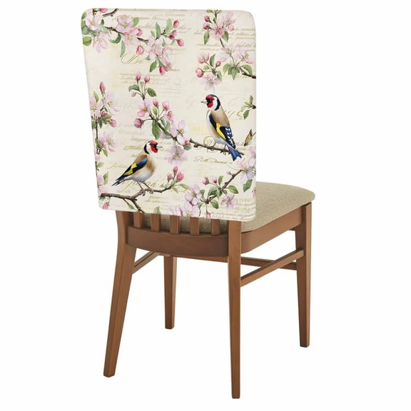 8 Pack Floral Birds Chair Back Covers Spring Pink Cherry Blossom Birds Beige Script Stretchable Removable Chair Slipcovers Washable Seat Covers for Dining Room Kitchen Restaurant 19 x 18 Inch