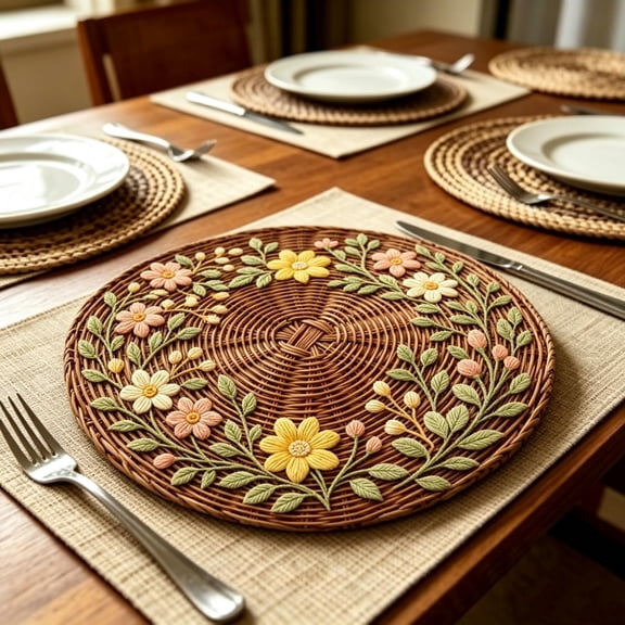 8 Pack Floral Placemats 15 Inch - Woven Round Table Mats with Flower Wreath Print, Heat Resistant Waterproof Dining Decor for Farmhouse Kitchen