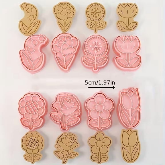 8-Pack Flower Cookie Biscuit Cutters Pastry Cutters Pattern Stamps Set, 3D Pressed Cookies and Fondant Baking Cake Tools for Home Use, Event Party Supplies