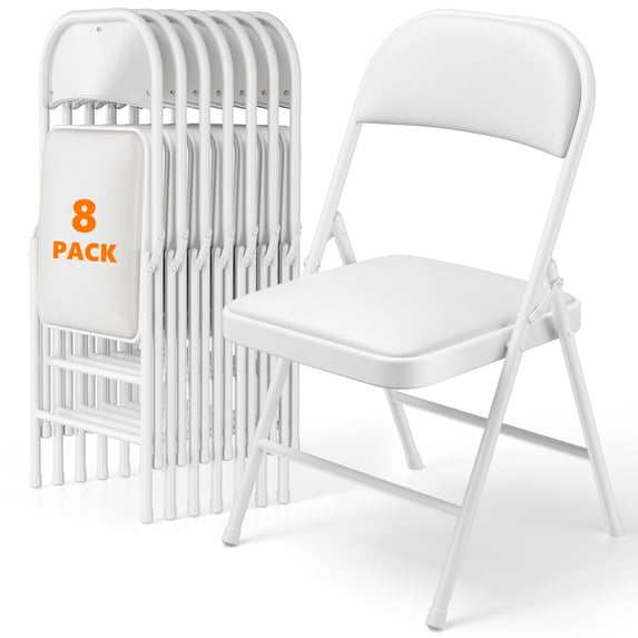 8 Pack Folding Chairs with PU Leather Padded Cushion and Back, Stackable Commercial Grade Metal Folding Chairs for Home and Office Indoor and Outdoor Events (White)