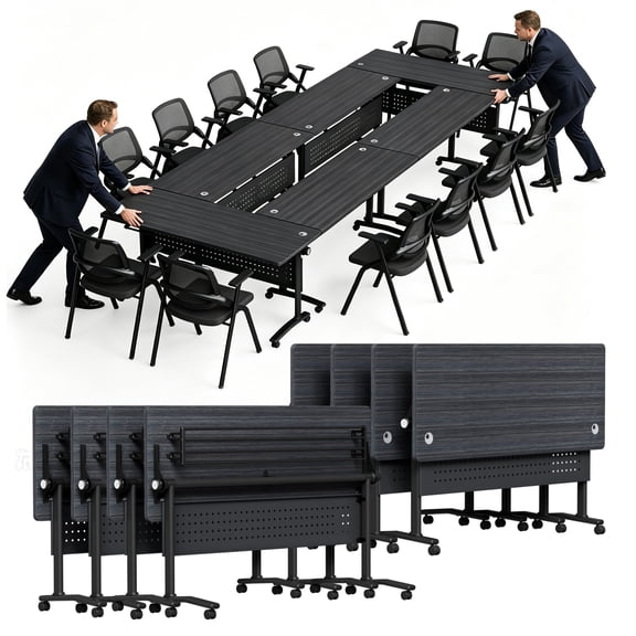 8-Pack Folding Conference Room Table, 71” Mobile Flip Top Training Tables with Large Wheels, Stackable Modular Meeting Table for Office, Seminar, Classroom, Black