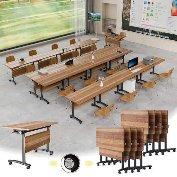 8 Pack Folding Conference Table, 61 Inch Mobile Training Table with Wheels,Business Style Flip Top Seminar Tables for Small Office Meeting Room Classroom(Walnut)