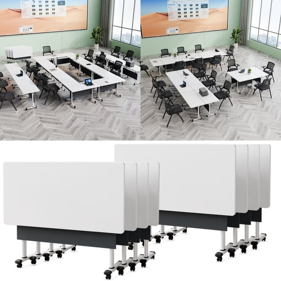 8 Pack Folding Conference Table, 61 Inch Mobile Training Table with Wheels,Business Style Flip Top Seminar Tables for Small Office Meeting Room Classroom(White Gray)