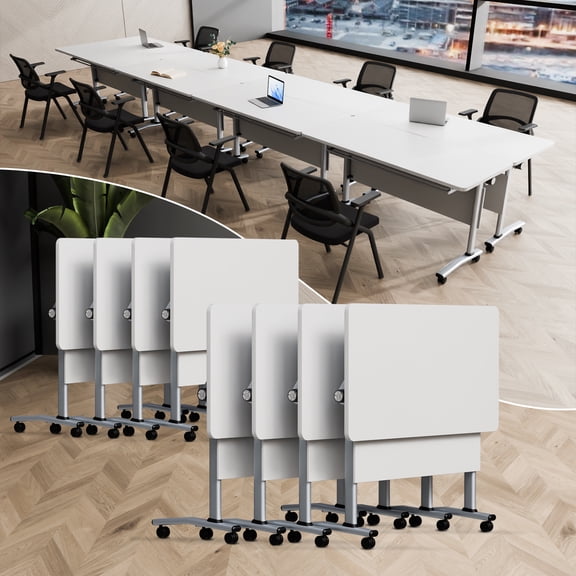 8 Pack Folding Conference Table on Wheels,Large Rectangular Conference Room Tables Modern Rolling Meeting Seminar Table for 6-8 Person,Training Boardroom Tables for Office Conference Room（55.1in）