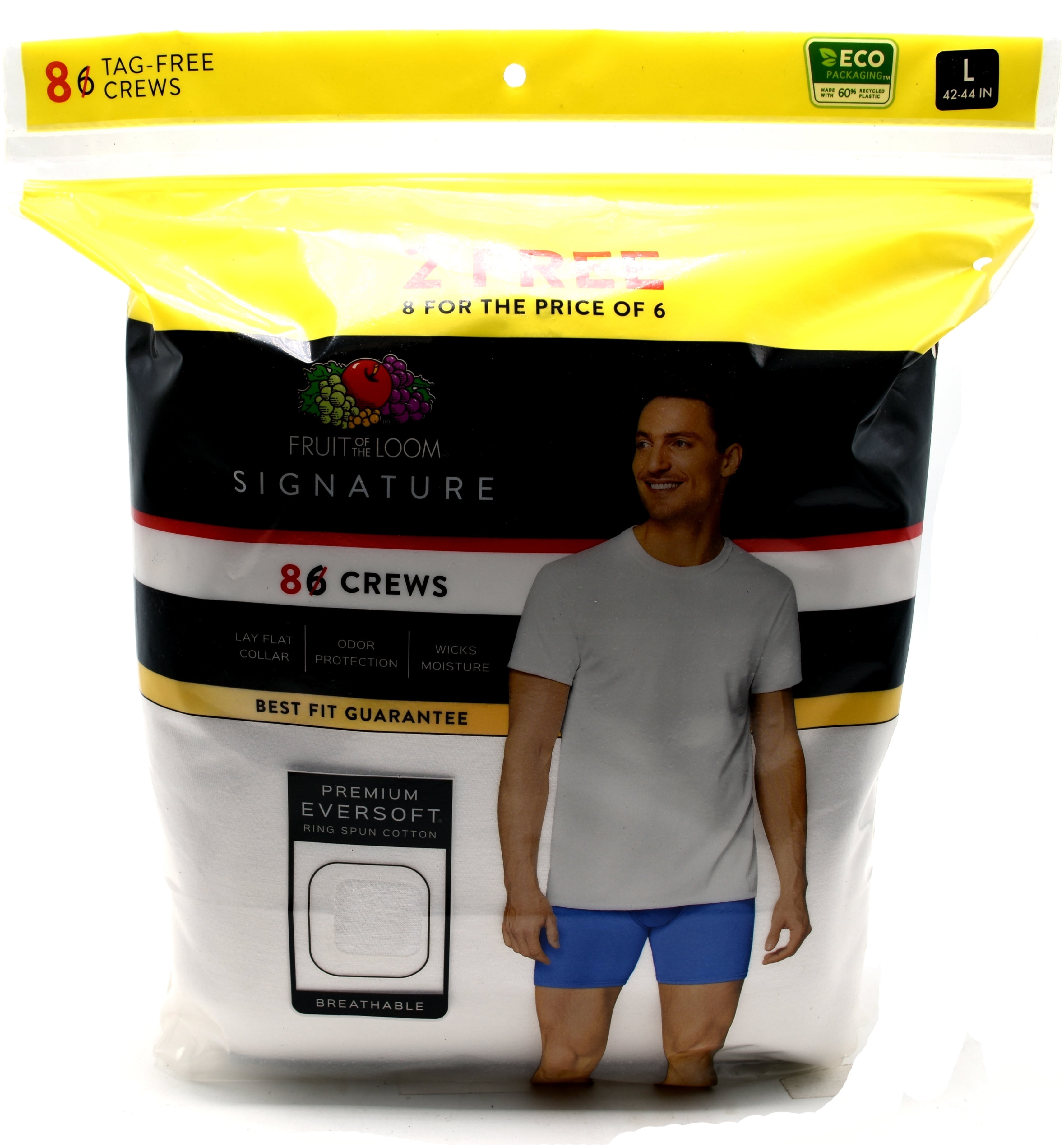 8 Pack White Large L 42-44 Fruit Of The Loom Signature Crew Neck T-Shirts G 107-112 CM