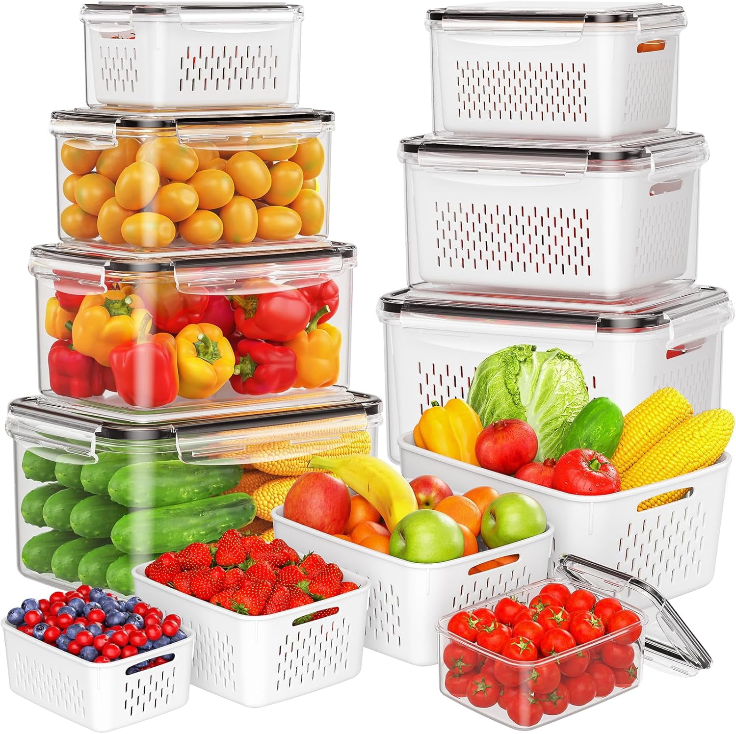 8 Pack Fruit Storage Containers for Fridge, Leakproof Fruit Containers for Fridge with Colanders, BPA-Free Produce Storage Containers with Lids Keep Fruits, Vegetables, Berry, Meat Fresh Longer