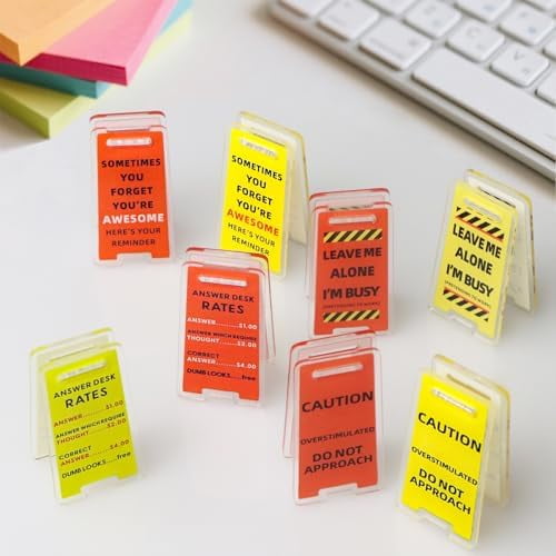 8 Pack Funny Sticky Note Holder - Caution Overstimulated Desk Sign, Answer Desk Rates Sign for Work, Mini Funny Office Decor (Yellow+Red)