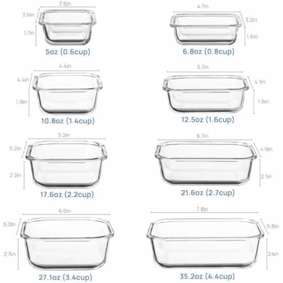 8 Pack Glass Food Storage Containers with Airtight Lids, Glass Meal Prep Containers, Lunch Office Meal for Microwave, Oven, Freezer and Dishwasher, BPA Free