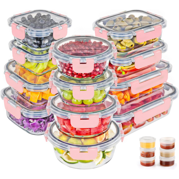 36pcs Glass Food Storage Containers with Lids Set, Airtight Meal Prep Containers (18 Containers & 18 Lids), Pink