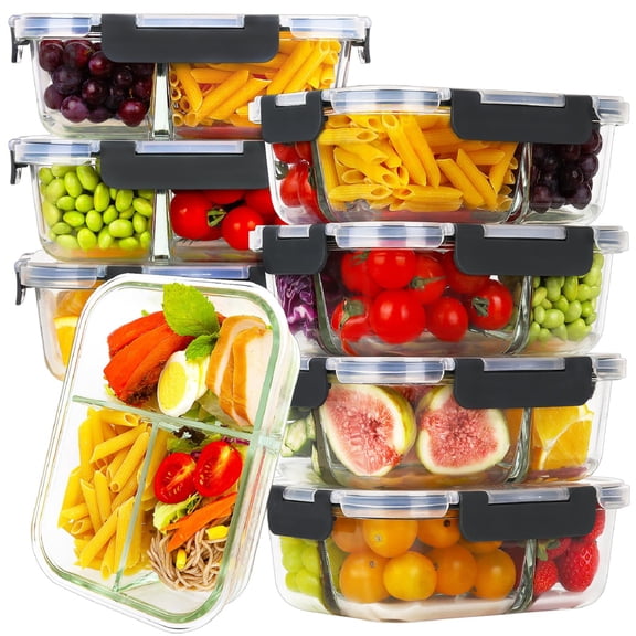 8 Pack Glass Meal Prep Containers 3 Compartment 36oz Food Storage With Lids Airtight Lunch Bento Boxes Bpa-free & Leak Proof (8 8 Container) - Black