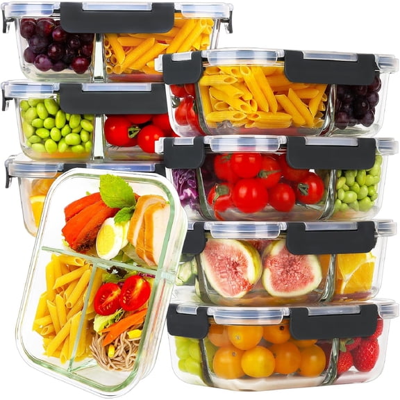 8 Pack 36 oz 3 Compartment Glass Meal Prep Containers with Airtight Lids Black