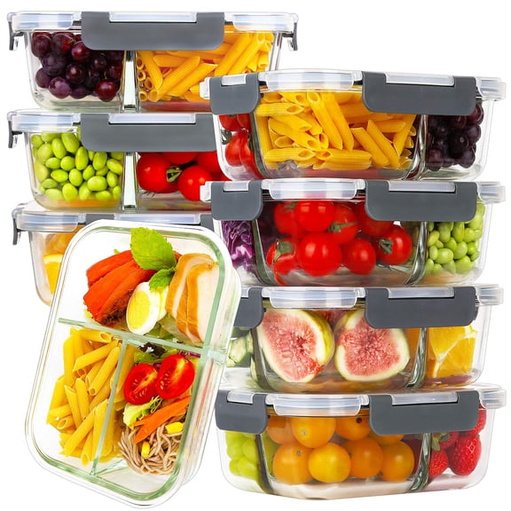 8 Pack Glass Meal Prep Containers 3 Compartment Food Storage With Lids Airtight Lunch Bento Boxes Leak Proof (8 & 8 Container) - Grey