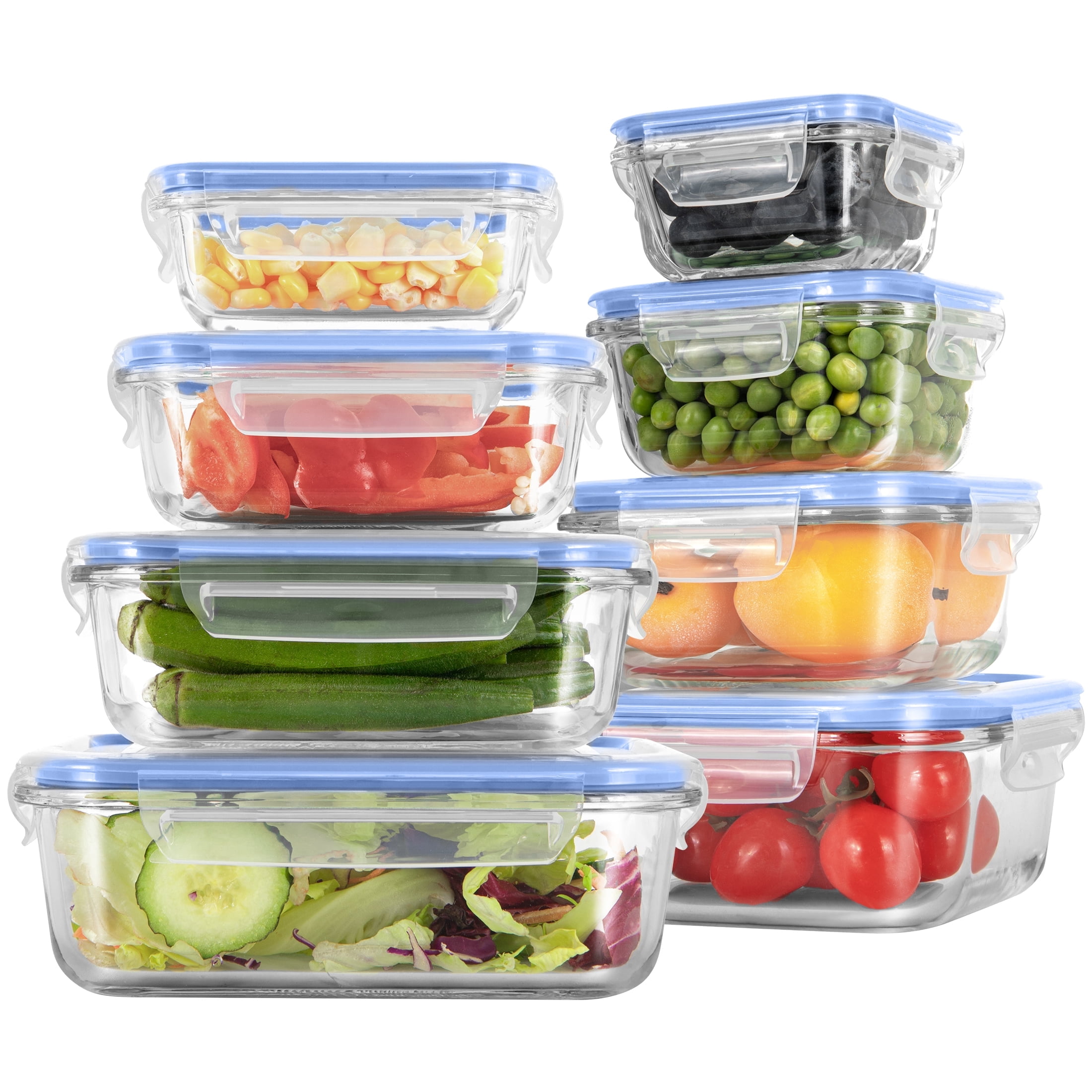 GPED 8 Pack Glass Meal Prep Containers, Food Storage Containers with Lids, Glass Lunch Boxes, Airtight Bento Boxes, for Microwave, Oven, Freezer and Dishwasher Safe, Blue