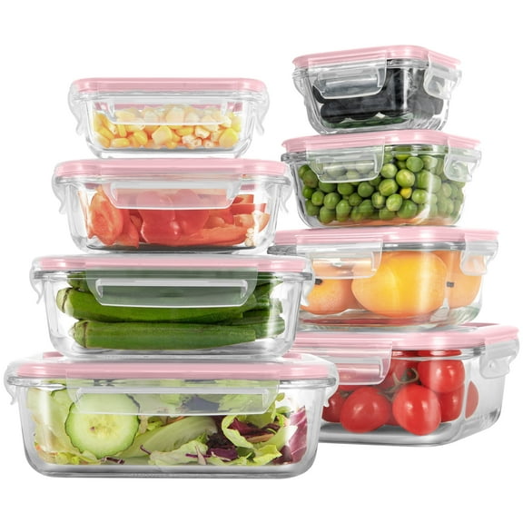 GPED 8 Pack Glass Meal Prep Containers, Food Storage Containers with Lids, Glass Lunch Boxes, Airtight Bento Boxes, for Microwave, Oven, Freezer and Dishwasher Safe, Pink